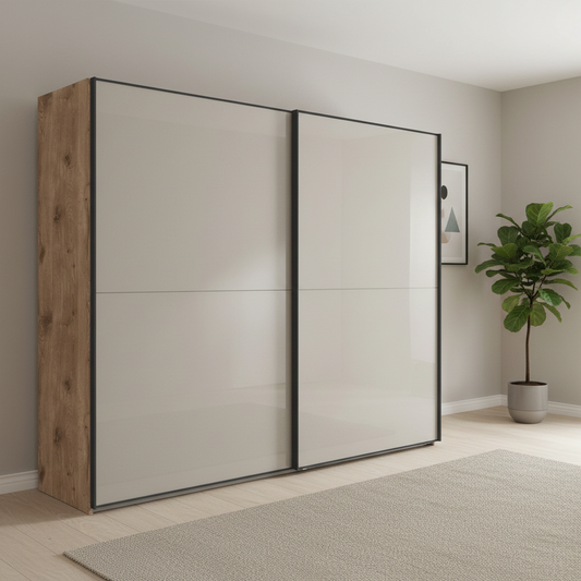 Wiemann Bristol Berlin Nordic Oak Carcase and Pebble Grey Glass Sliding Door Wardrobe in 150cm, 200cm, 250cm and 300cm widths.