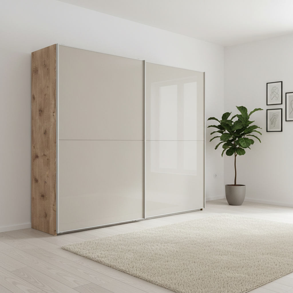 Wiemann Bristol Berlin Noridc Oak Carcase and Pebble Grey Glass Sliding Door Wardrobe in 150cm, 200cm, 250cm and 300cm widths.