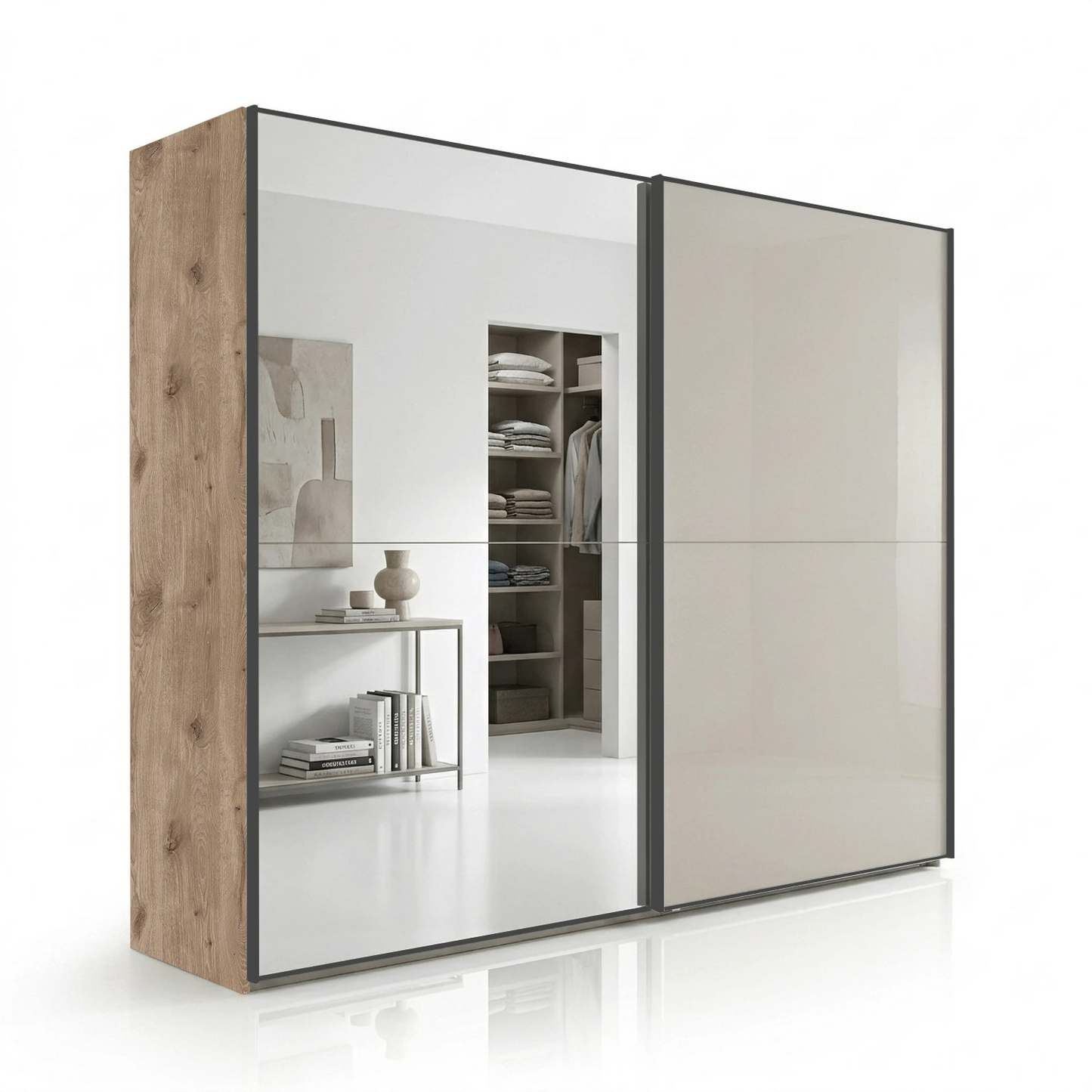 Wiemann Bristol Berlin Nordic Oak Carcase and Pebble Grey Glass Sliding Door Wardrobe with Mirror Slate Handles in 150cm, 200cm, 250cm and 300cm widths.