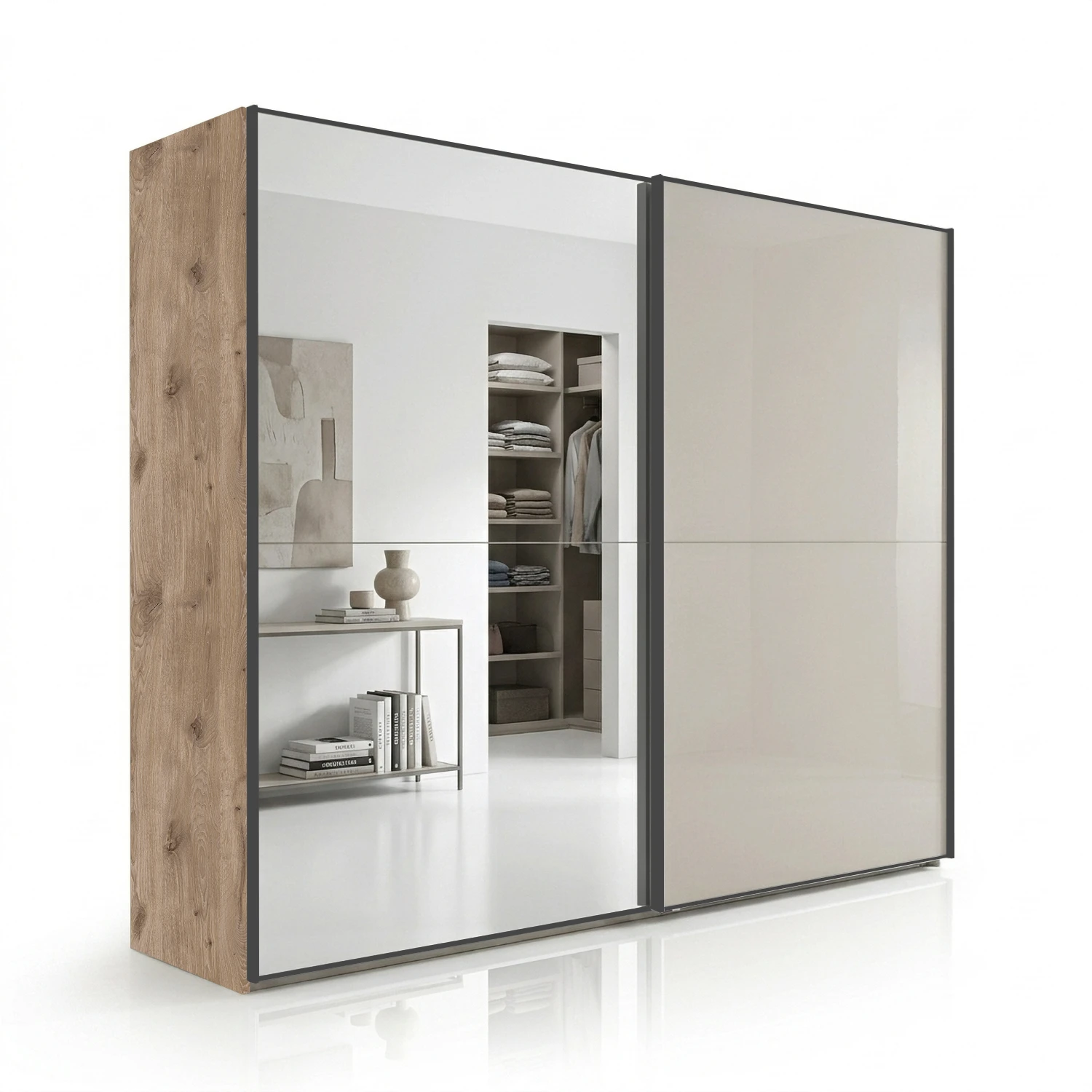 Wiemann Bristol Berlin Nordic Oak Carcase and Pebble Grey Glass Sliding Door Wardrobe with Mirror Slate Handles in 150cm, 200cm, 250cm and 300cm widths.