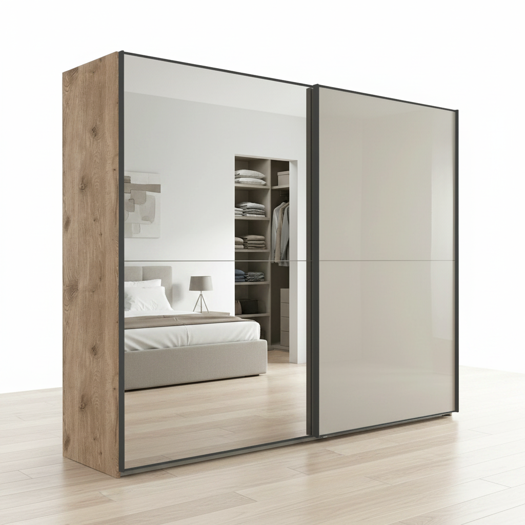 Wiemann Bristol Berlin Nordic Oak Carcase and Pebble Grey Glass Sliding Door Wardrobe with Mirror in 150cm, 200cm, 250cm and 300cm widths.