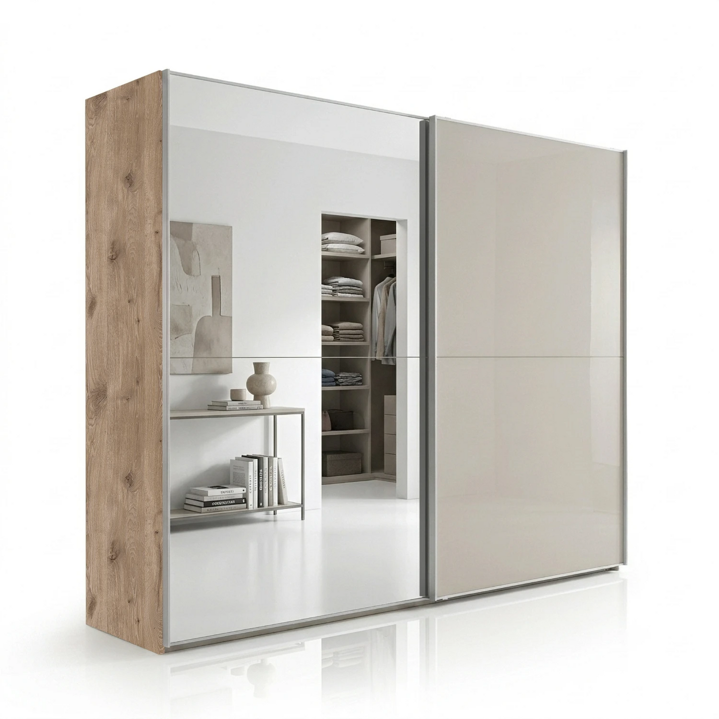 Wiemann Bristol Berlin Oak Carcase and Pebble Grey Glass Sliding Door Wardrobe with Mirror in 150cm, 200cm, 250cm and 300cm widths.