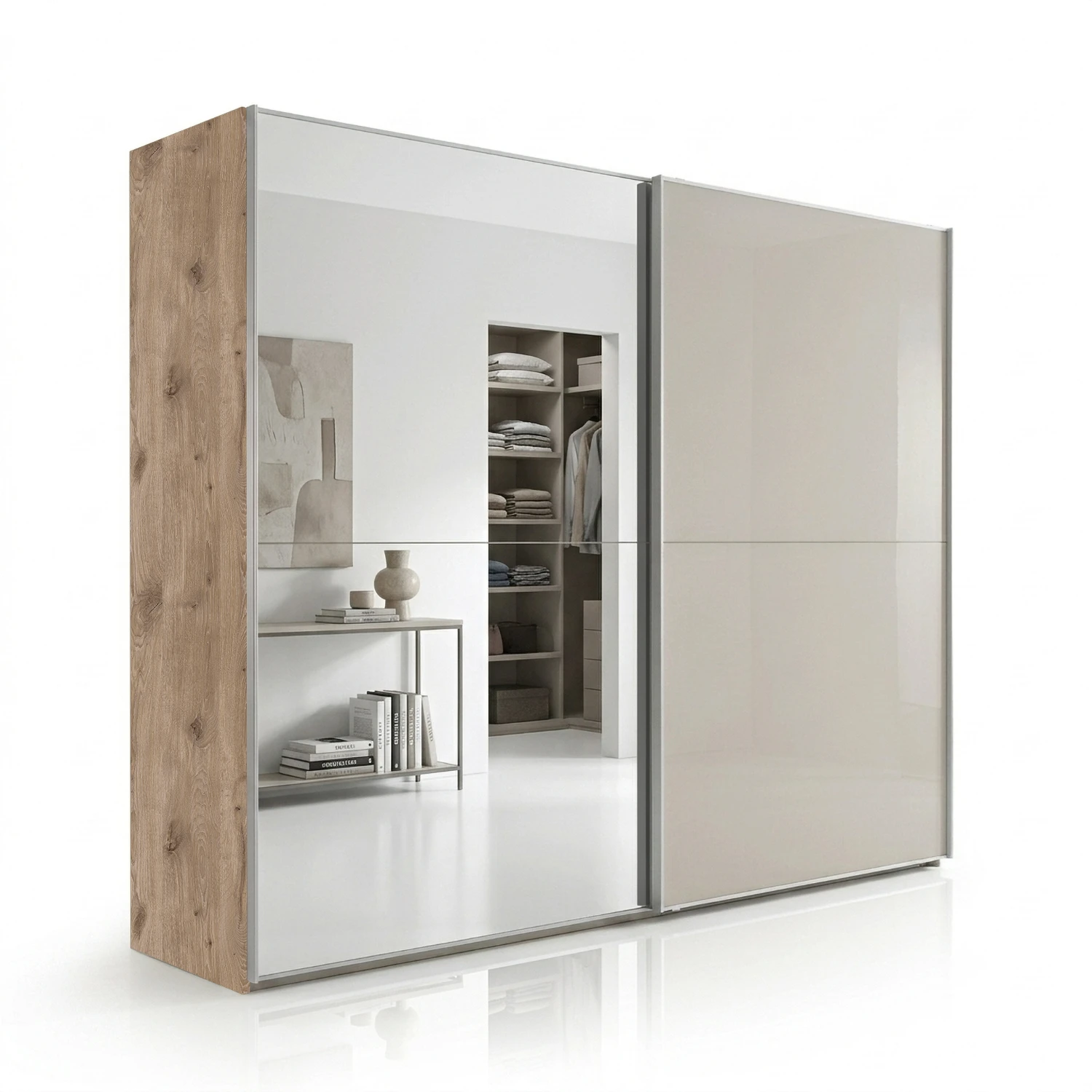 Wiemann Bristol Berlin Oak Carcase and Pebble Grey Glass Sliding Door Wardrobe with Mirror in 150cm, 200cm, 250cm and 300cm widths.