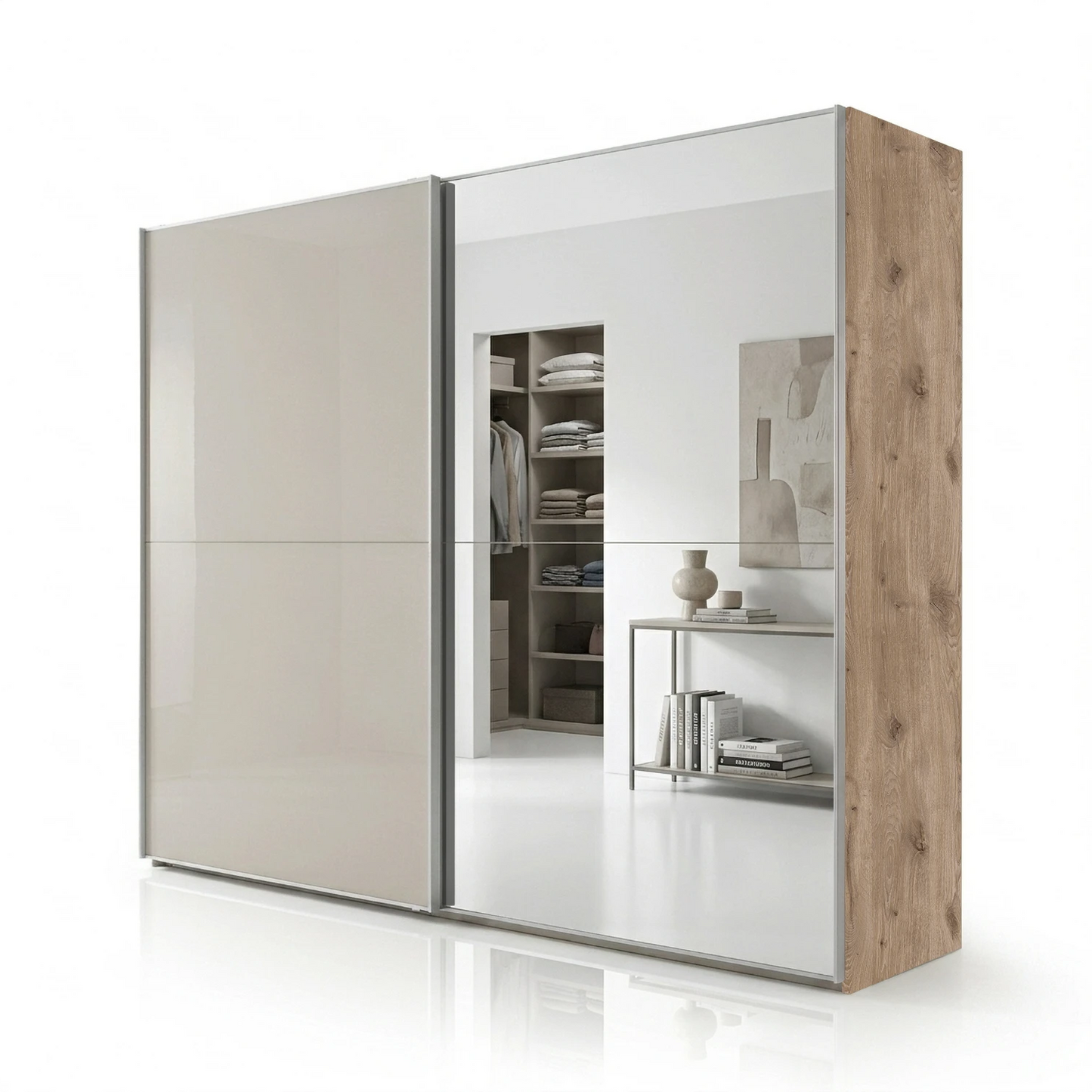 Wiemann Bristol Berlin Nordic Oak Carcase and Pebble Grey Glass Sliding Door Wardrobe with Mirror in 150cm, 200cm, 250cm and 300cm widths.