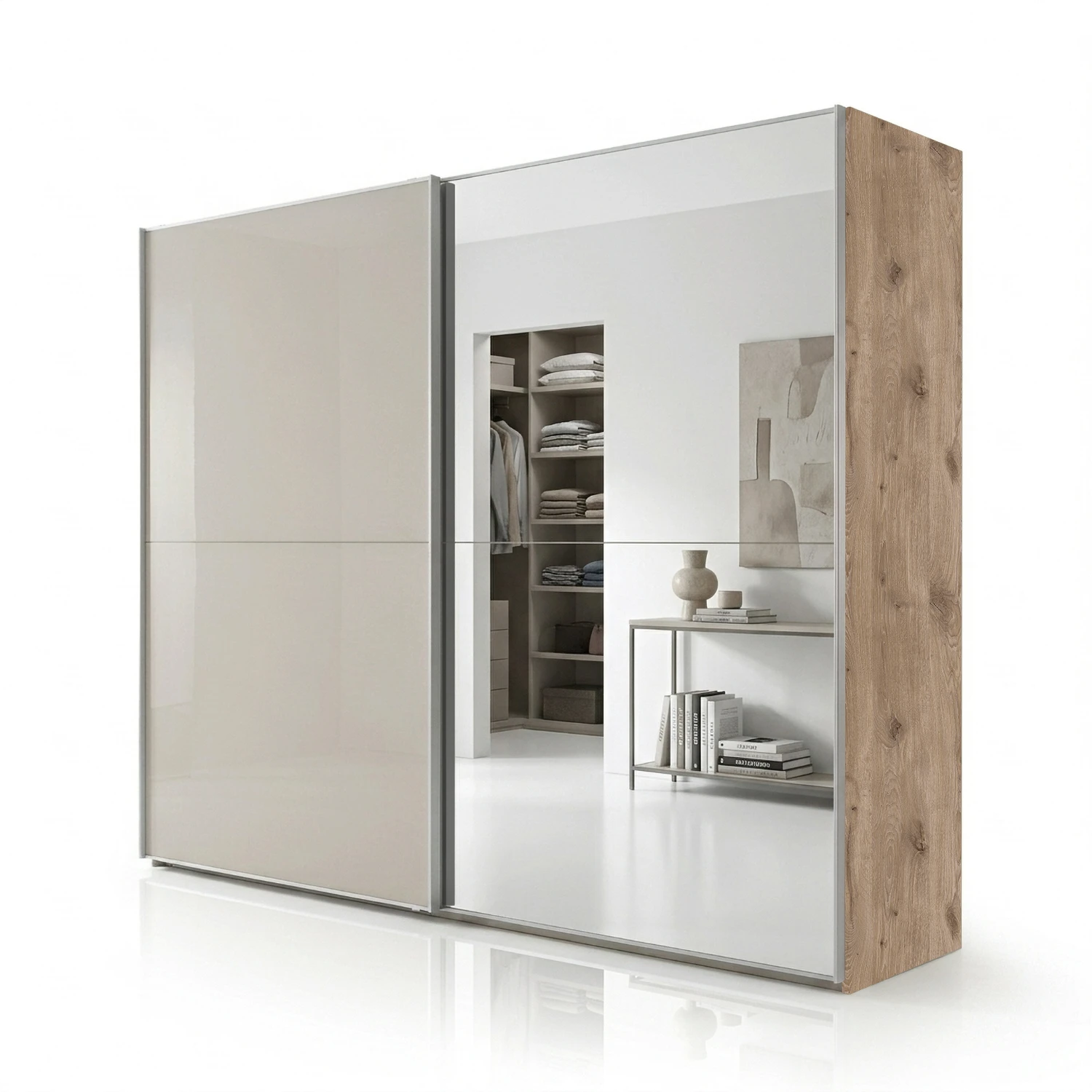 Wiemann Bristol Berlin Nordic Oak Carcase and Pebble Grey Glass Sliding Door Wardrobe with Mirror in 150cm, 200cm, 250cm and 300cm widths.