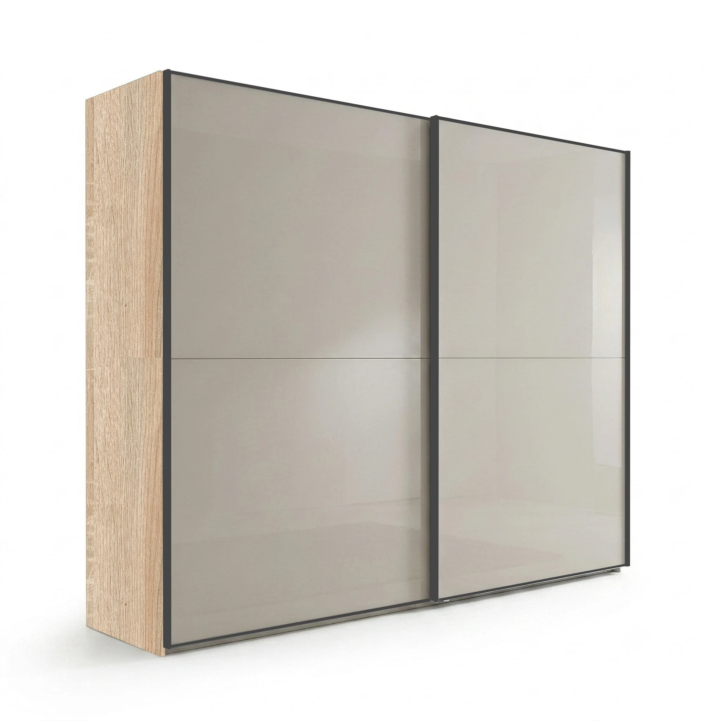 Wiemann Bristol Berlin Oak Carcase and Pebble Grey Glass Sliding Door Wardrobe with Slate handles in 150cm, 200cm, 250cm and 300cm widths.