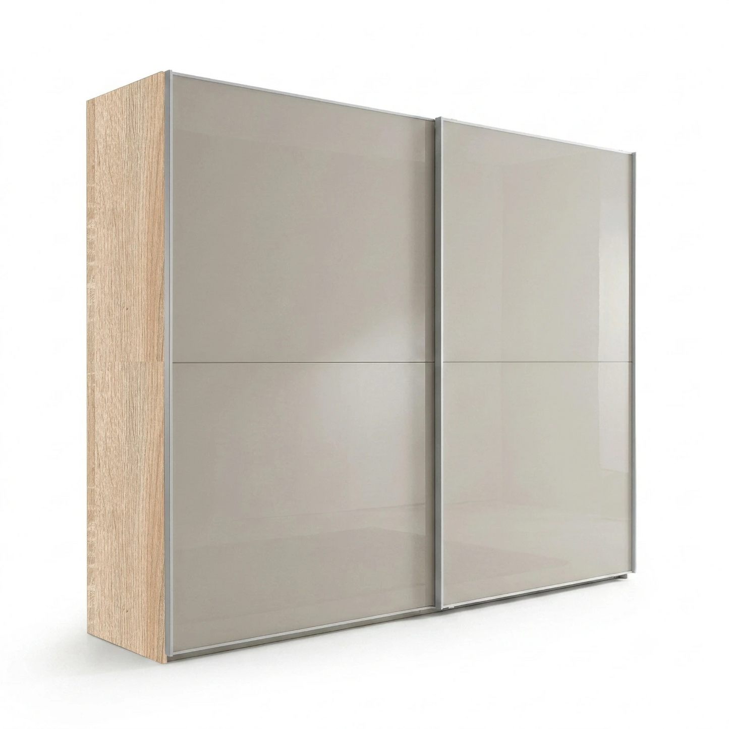 Wiemann Bristol Berlin Rustic Oak Carcase and Pebble Grey Glass Sliding Door Wardrobe with Silver handles in 150cm, 200cm, 250cm and 300cm widths.