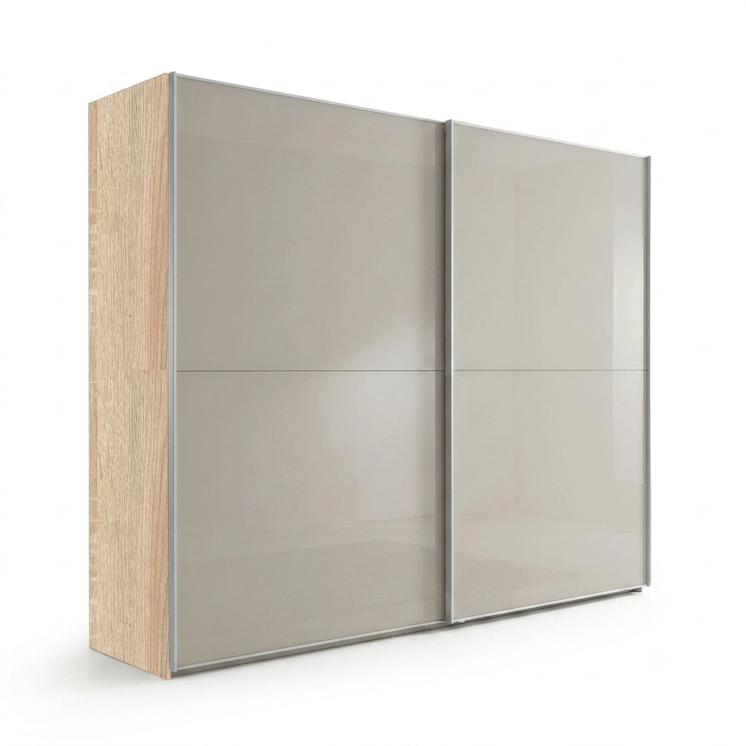 Wiemann Bristol Berlin Rustic Oak Carcase and Pebble Grey Glass Sliding Door Wardrobe with Silver handles in 150cm, 200cm, 250cm and 300cm widths.