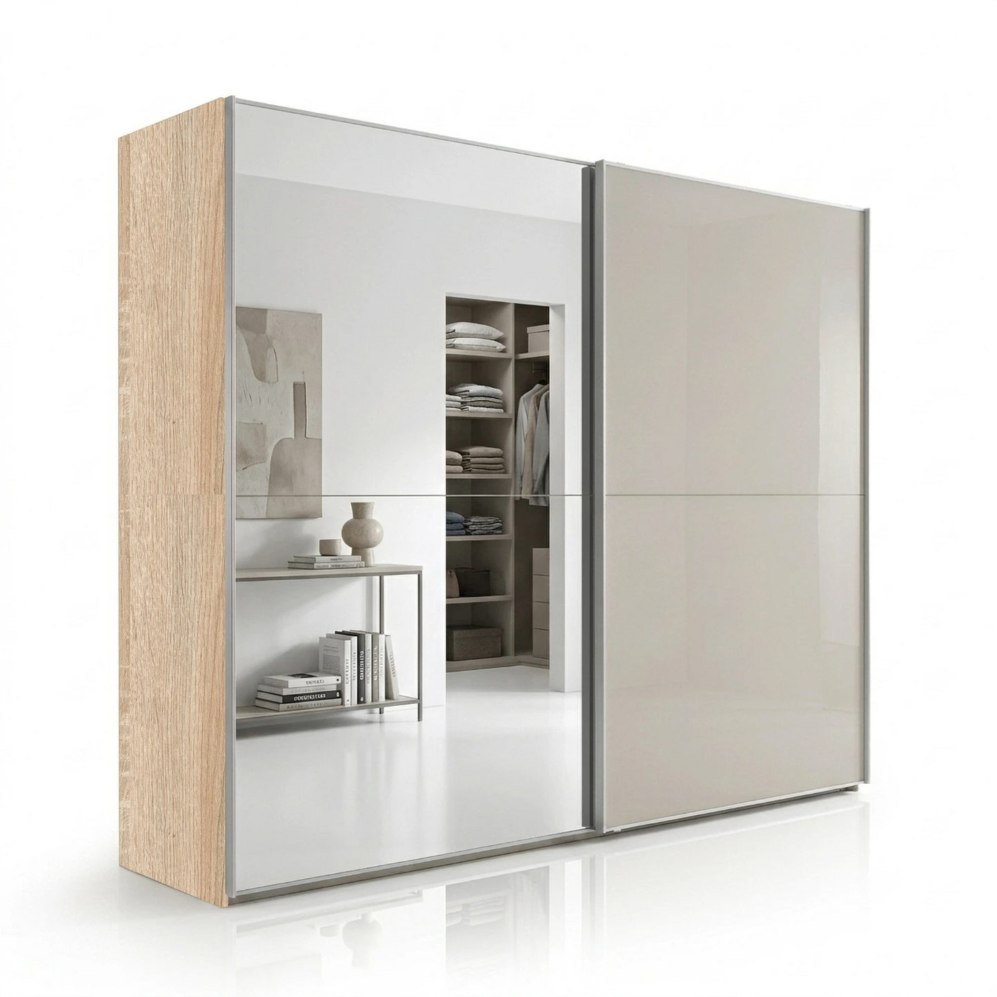 Wiemann Bristol Berlin Rustic Oak Carcase and Pebble Grey Glass Sliding Door Wardrobe with Mirror in 150cm, 200cm, 250cm and 300cm widths.