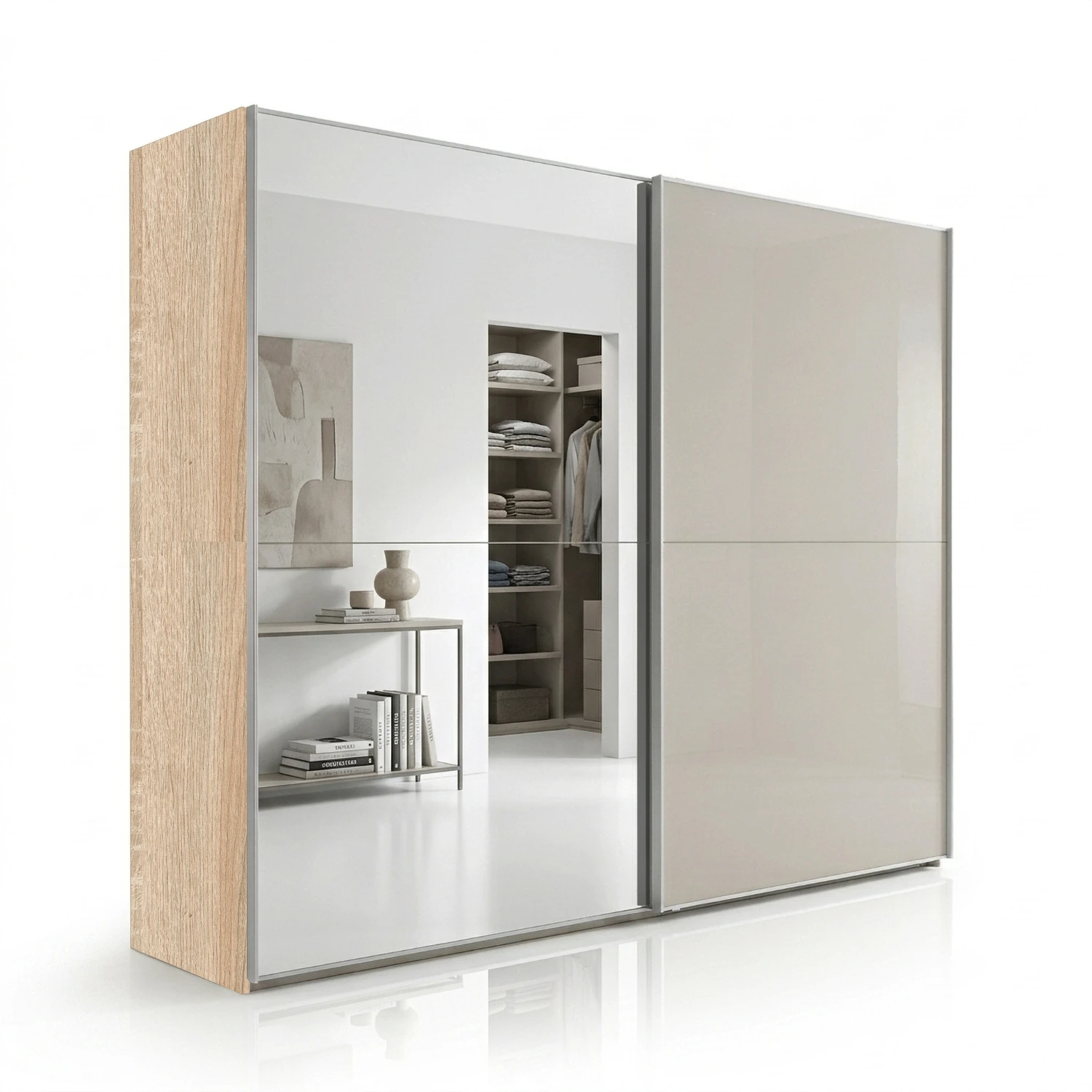 Wiemann Bristol Berlin Rustic Oak Carcase and Pebble Grey Glass Sliding Door Wardrobe with Mirror in 150cm, 200cm, 250cm and 300cm widths.