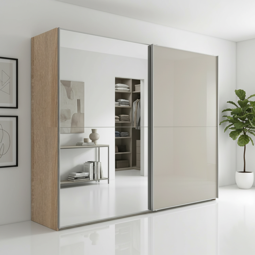 Wiemann Bristol Berlin Rustic Oak Carcase and Pebble Grey Glass Sliding Door Wardrobe with Mirror in 150cm, 200cm, 250cm and 300cm widths.