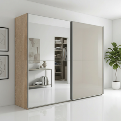 Wiemann Bristol Berlin Rustic Oak Carcase and Pebble Grey Glass Sliding Door Wardrobe with Mirror in 150cm, 200cm, 250cm and 300cm widths.