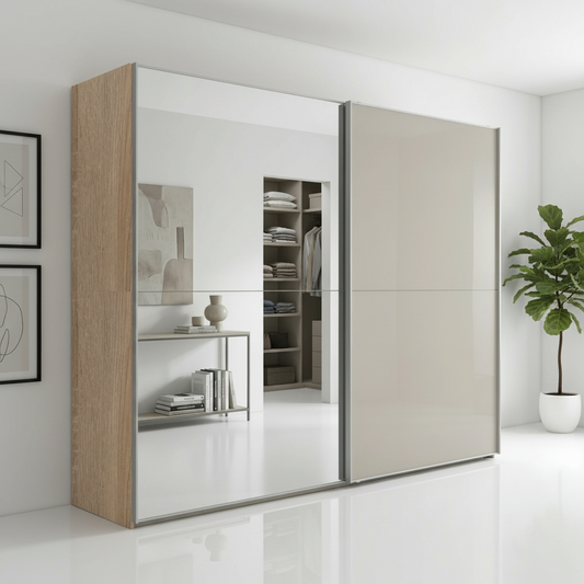 Wiemann Bristol Berlin Rustic Oak Carcase and Pebble Grey Glass Sliding Door Wardrobe with Mirror in 150cm, 200cm, 250cm and 300cm widths.