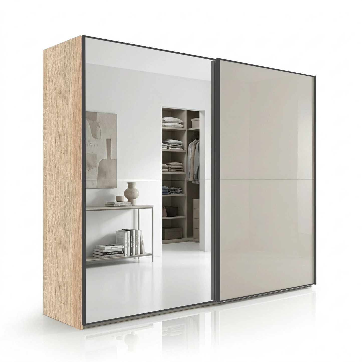 Wiemann Bristol Berlin Rustic Oak Carcase and Pebble Grey Glass Sliding Door Wardrobe with Mirror and slate handles in 150cm, 200cm, 250cm and 300cm widths.
