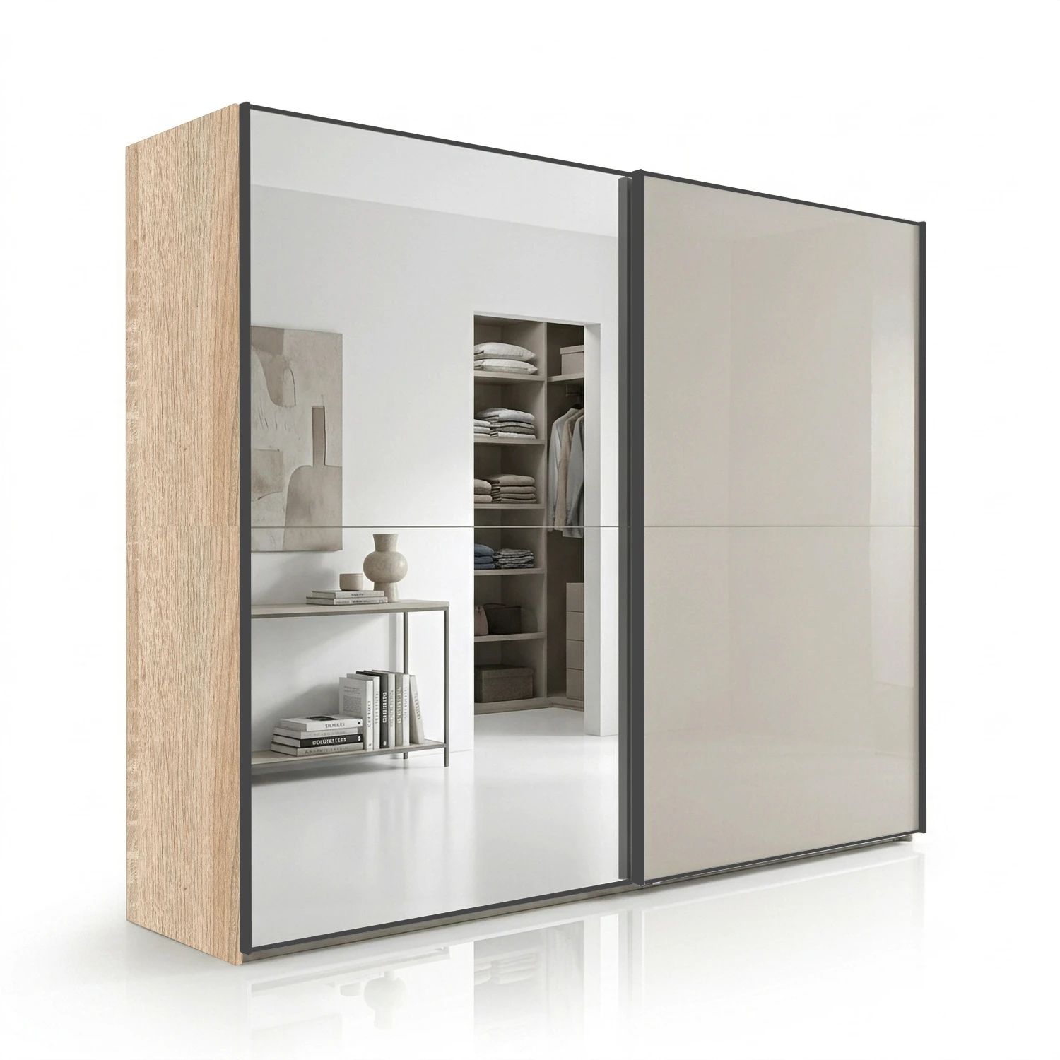Wiemann Bristol Berlin Rustic Oak Carcase and Pebble Grey Glass Sliding Door Wardrobe with Mirror and slate handles in 150cm, 200cm, 250cm and 300cm widths.