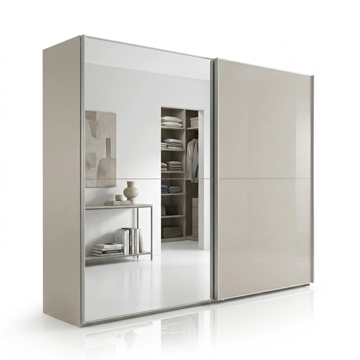 Wiemann Bristol Berlin Pebble Grey Glass Sliding Door Wardrobe with Mirror and Silver Handles in 150cm, 200cm, 250cm and 300cm widths.