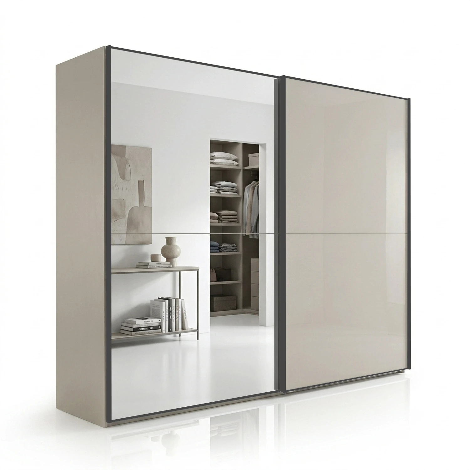 Wiemann Bristol Berlin Pebble Grey Glass Sliding Door Wardrobe with Mirror and Slate Handles in 150cm, 200cm, 250cm and 300cm widths.