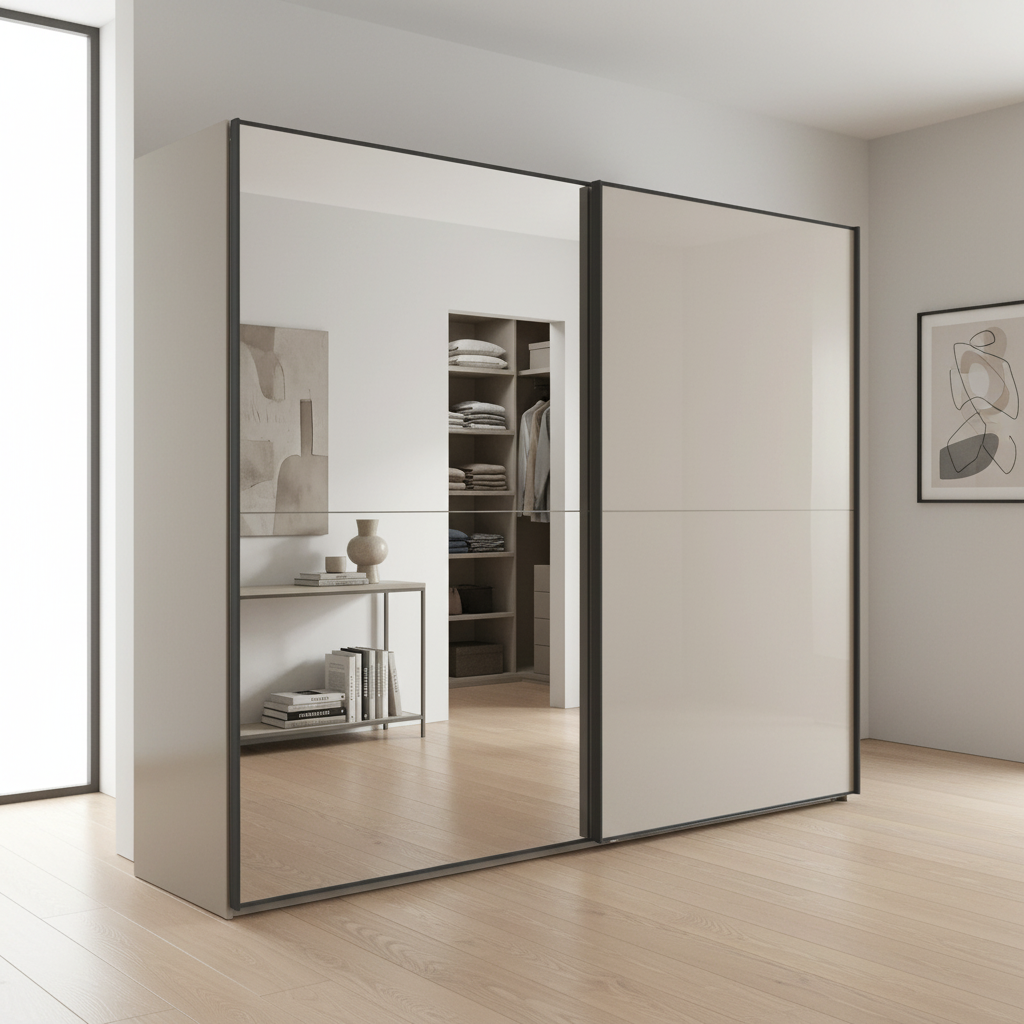 Wiemann Bristol Berlin Pebble Grey Glass Sliding Door Wardrobe with Mirror and Slate Handles in 150cm, 200cm, 250cm and 300cm widths.