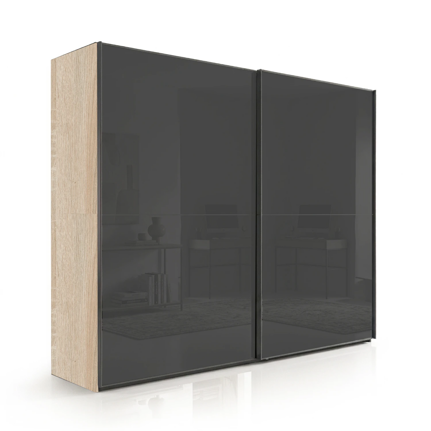 Wiemann Bristol Berlin Rustic Oak Carcase and Graphite Glass Sliding Door Wardrobe  in 150cm, 200cm, 250cm and 300cm widths.