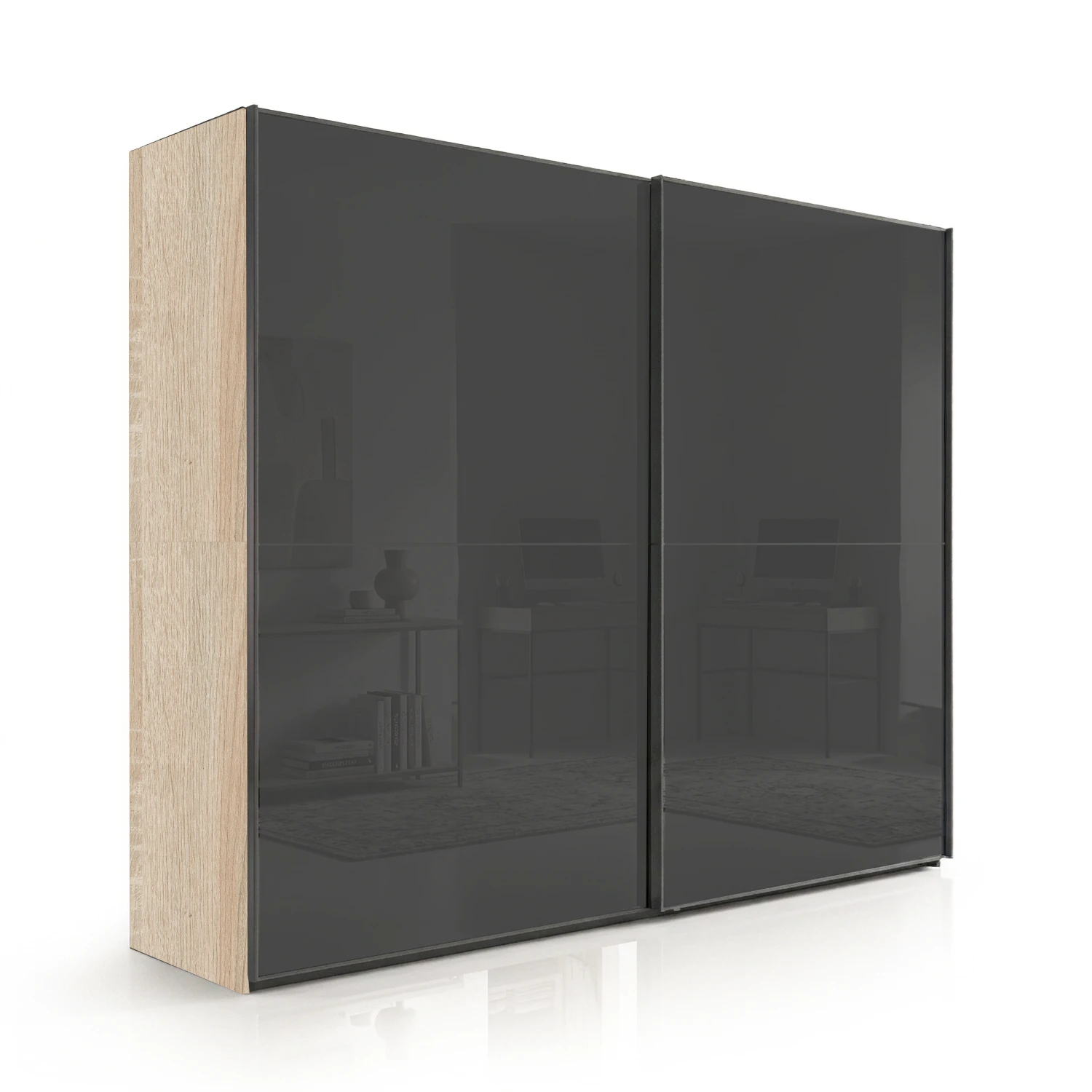 Wiemann Bristol Berlin Rustic Oak Carcase and Graphite Glass Sliding Door Wardrobe  in 150cm, 200cm, 250cm and 300cm widths.