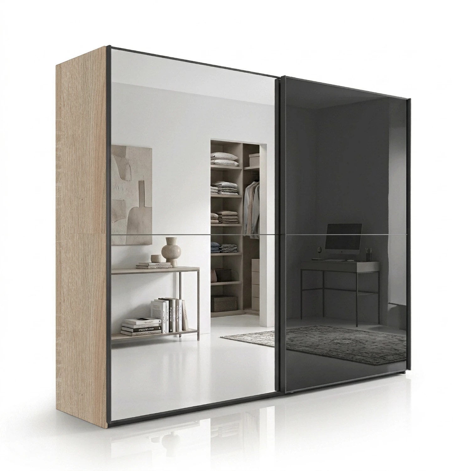 Wiemann Bristol Berlin Rustic Oak Carcase and Graphite Glass Sliding Door Wardrobe with Mirror 