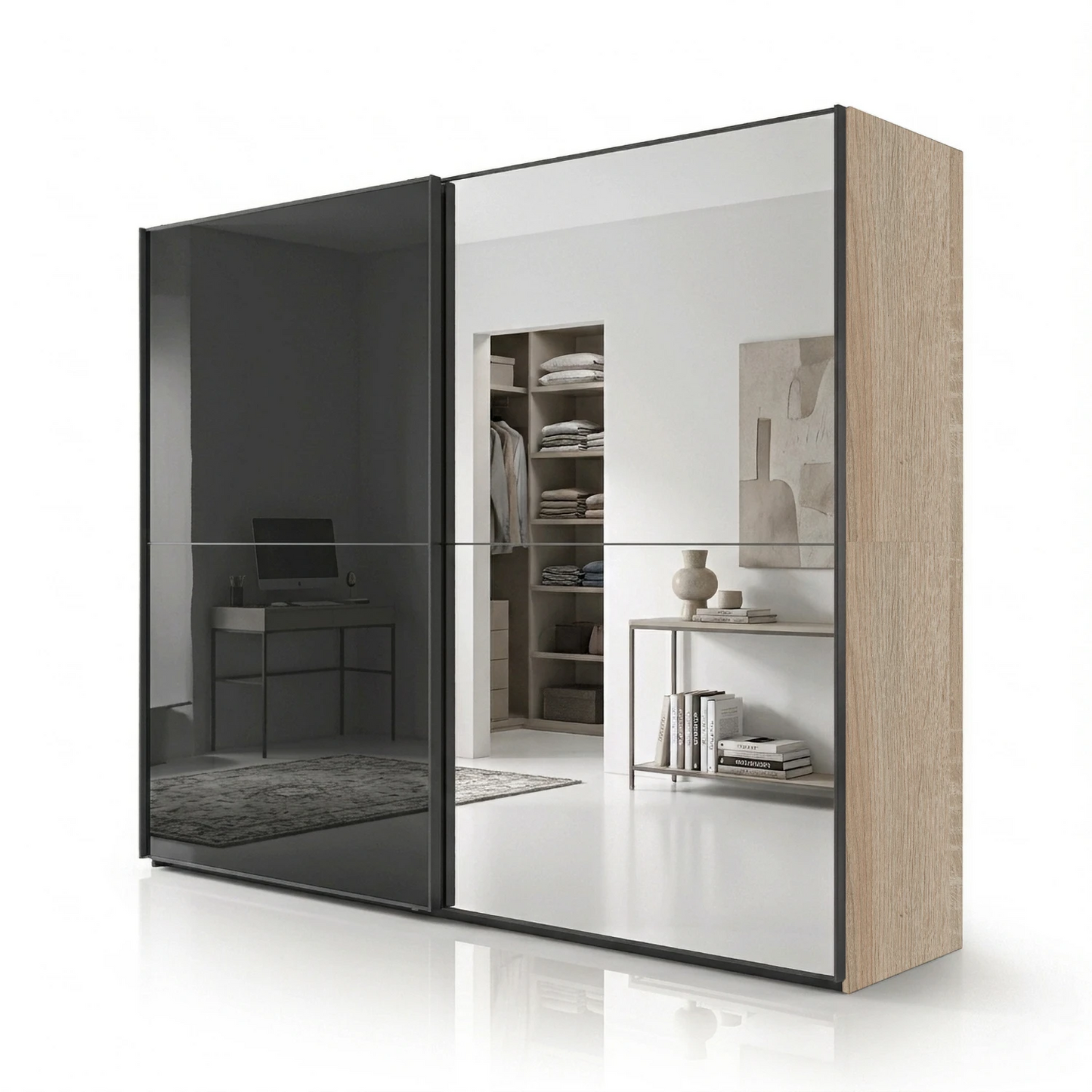 Wiemann Bristol Berlin Rustic Oak Carcase and Graphite Glass Sliding Door Wardrobe with Mirror on right Door