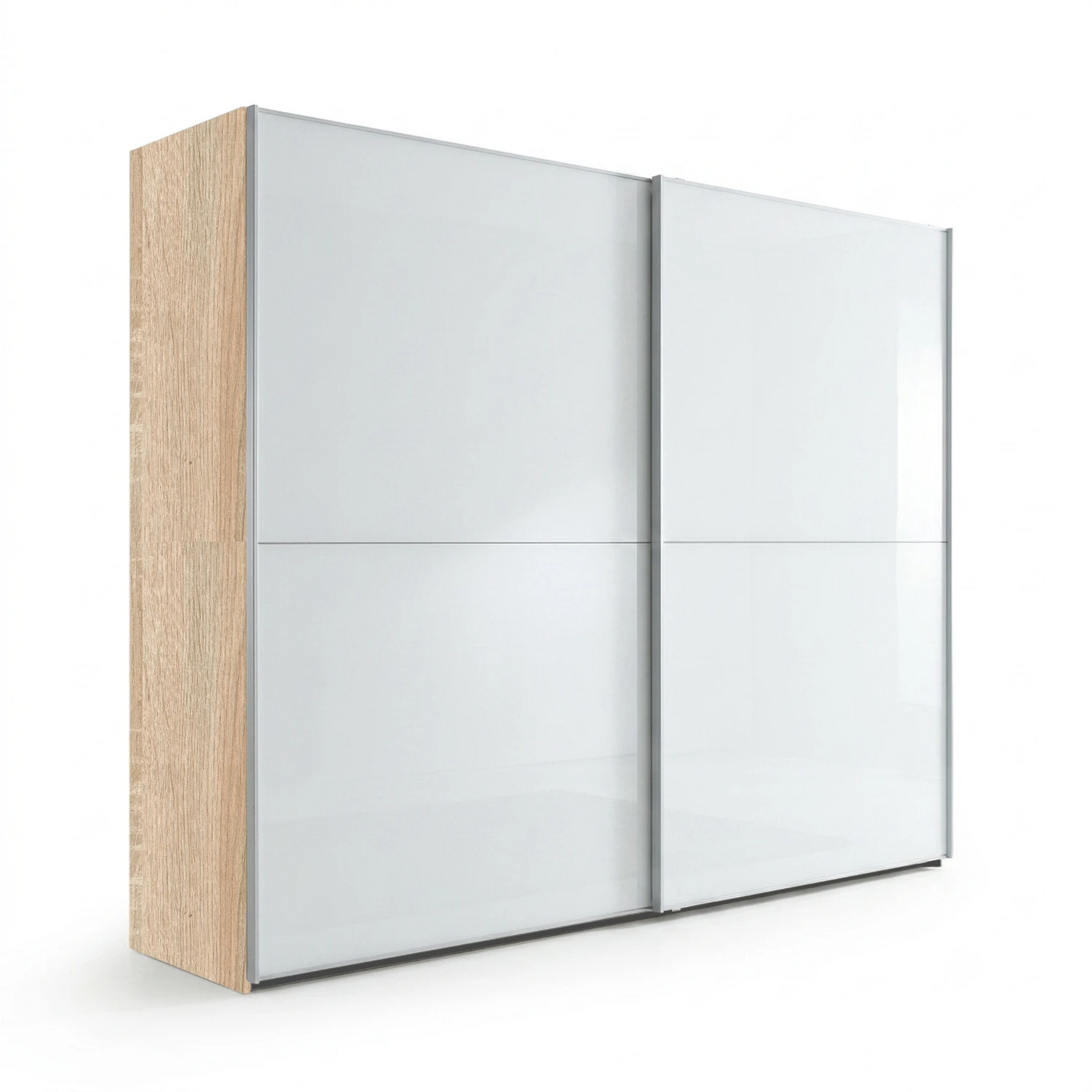 Wiemann Bristol Berlin White Glass Sliding Door Wardrobe, Carcase in Rustic Oak finish , Available in Width size 150cm, 200cm, 250cm and 300cm. Free Delivery and Assembly