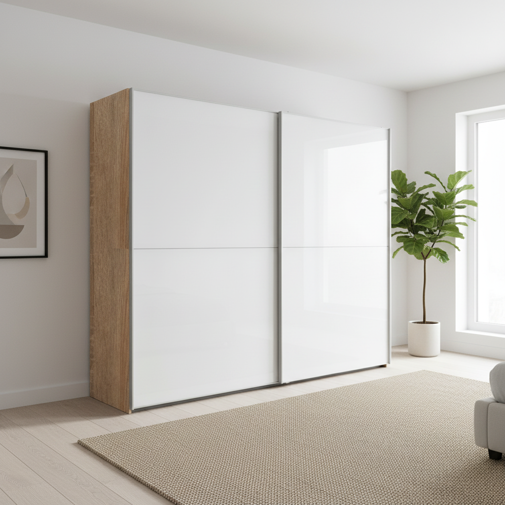 Wiemann Bristol Berlin White Glass Sliding Door Wardrobe, Carcase in Oak finish , Available in Width size 150cm, 200cm, 250cm and 300cm. Free Delivery and Assembly