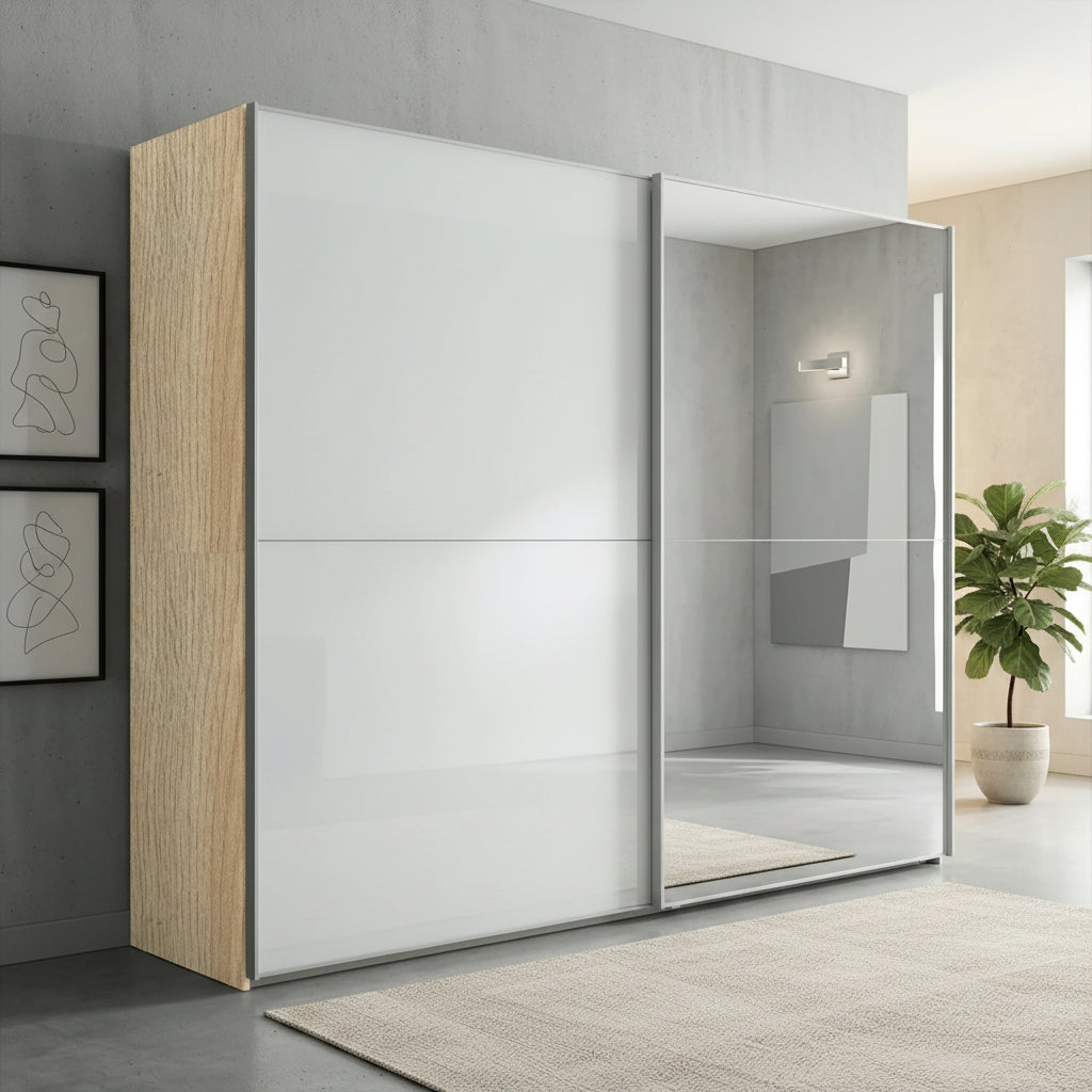 Wiemann Bristol Berlin White Glass Sliding Door Wardrobe With Mirror, Carcase in Oak finish , Available in Width size 150cm, 200cm, 250cm and 300cm. Free Delivery and Assembly