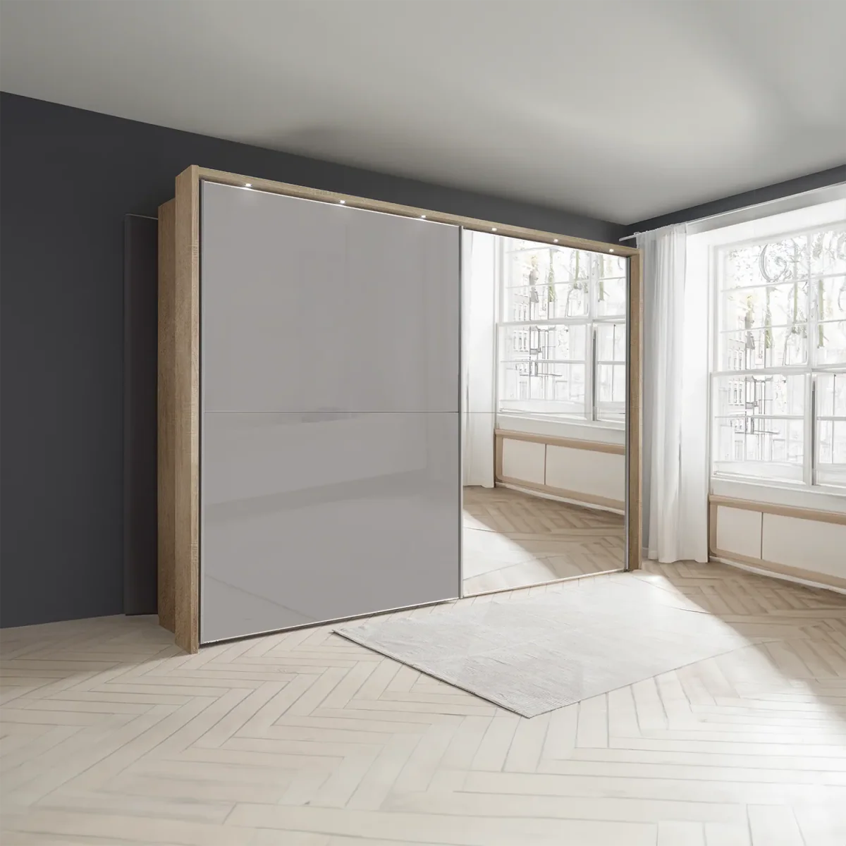 Wiemann Bristol Rustic Oak and Pebble Grey Sliding Door Wardrobe With Mirror 