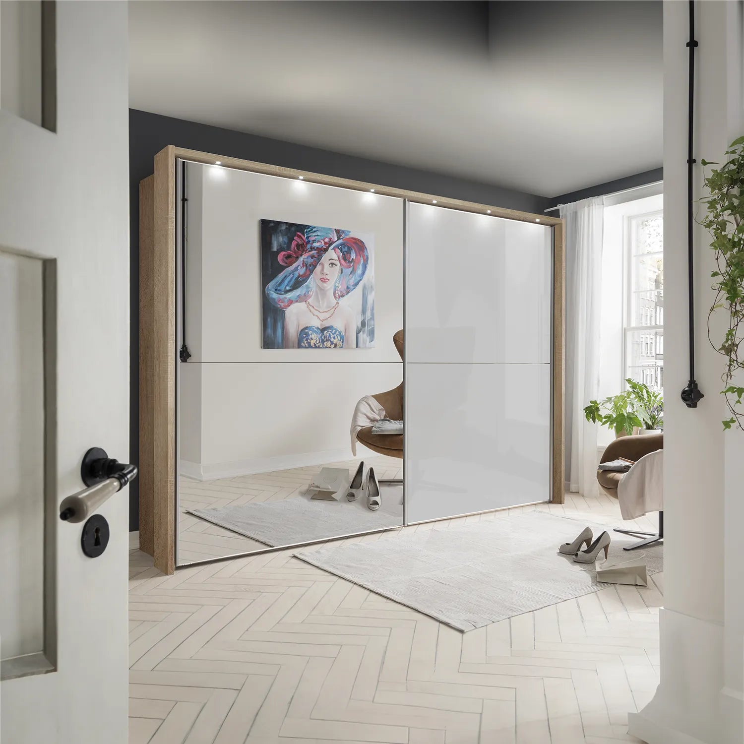 Wiemann Bristol Rustic Oak and Pebble Grey Sliding Door Wardrobe With Mirror 