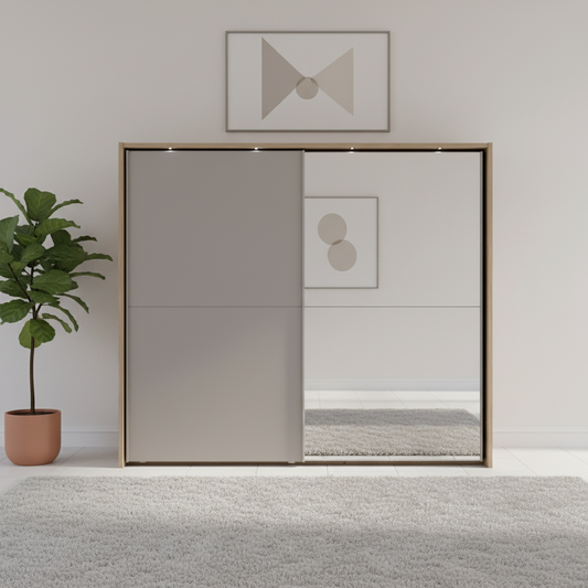 Wiemann Bristol Rustic Oak and Pebble Grey Sliding Door Wardrobe With Mirror
