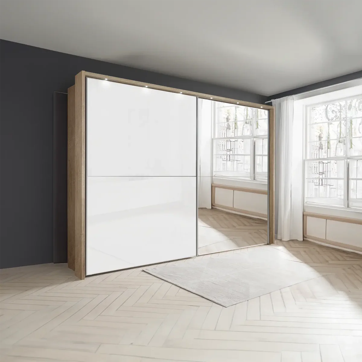 Wiemann Bristol Rustic Oak and White Sliding Door Wardrobe With Mirror