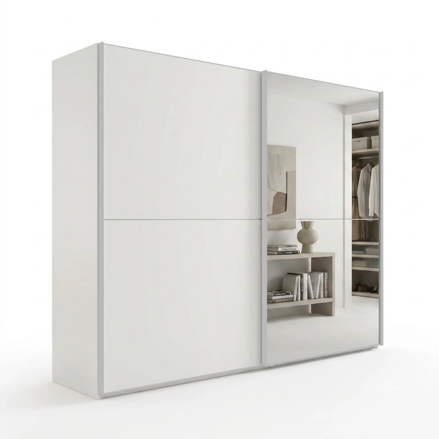 Wiemann Bristol Berlin White Sliding Door Wardrobe with Mirror and Silver Handles in 150cm, 200cm, 250cm and 300cm widths.