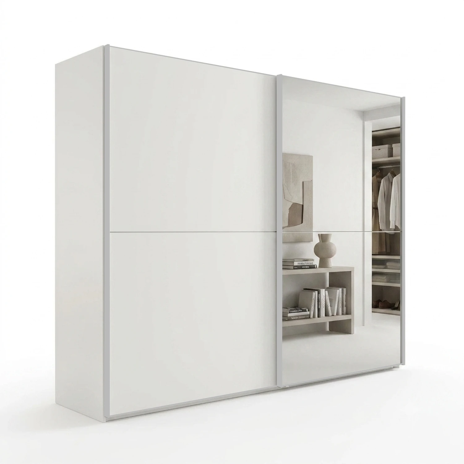 Wiemann Bristol Berlin White Sliding Door Wardrobe with Mirror and Silver Handles in 150cm, 200cm, 250cm and 300cm widths.