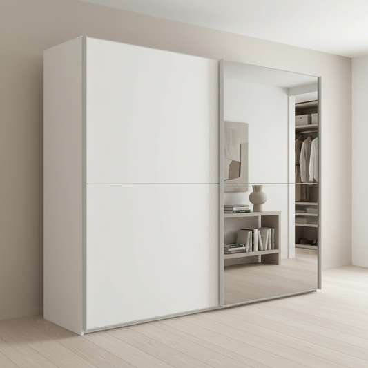Wiemann Bristol White Sliding Door Wardrobe with Mirror in 150cm, 200cm, 250cm and 300cm widths.