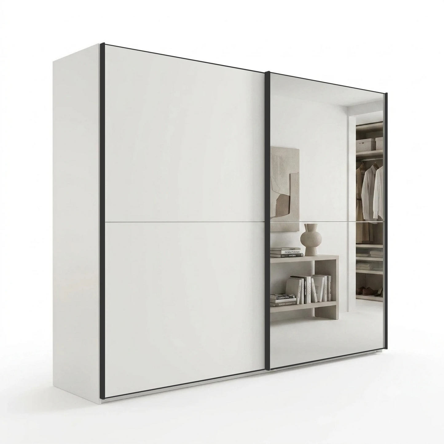 Wiemann Bristol Berlin White Sliding Door Wardrobe with Mirror and Slate Handles in 150cm, 200cm, 250cm and 300cm widths.