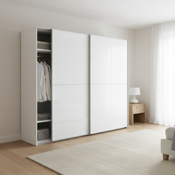 A modern white sliding wardrobe with one open door showing hanging clothes and shelves, set in a bright, minimalist bedroom with light wood flooring and a beige rug.