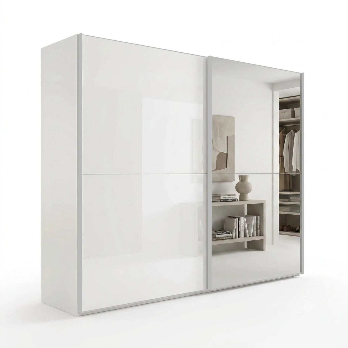 Wiemann Bristol Berlin White Glass Sliding Door Wardrobe with Mirror and Silver Handles in 150cm, 200cm, 250cm and 300cm widths.