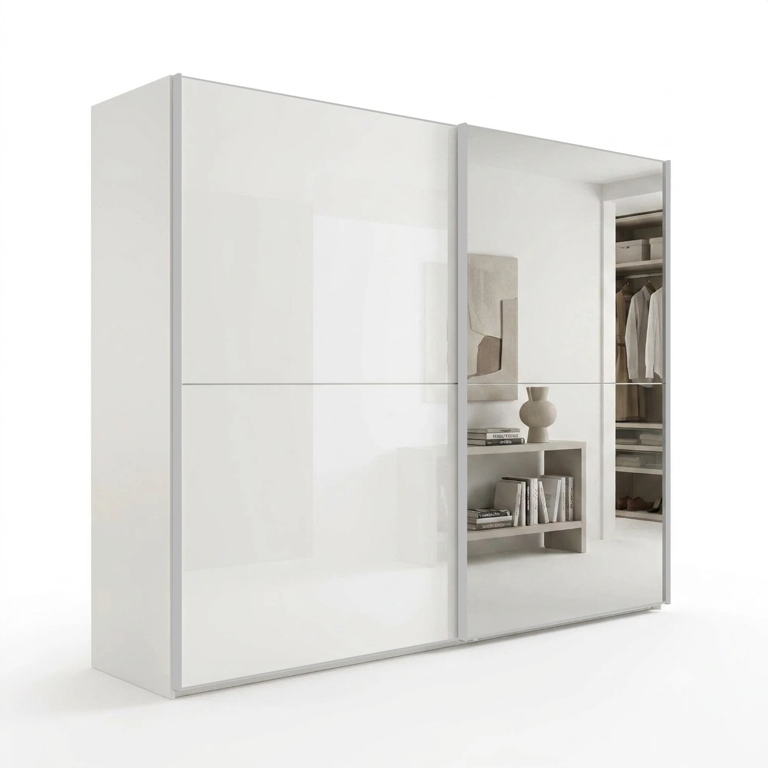 Wiemann Bristol Berlin White Glass Sliding Door Wardrobe with Mirror and Silver Handles in 150cm, 200cm, 250cm and 300cm widths.