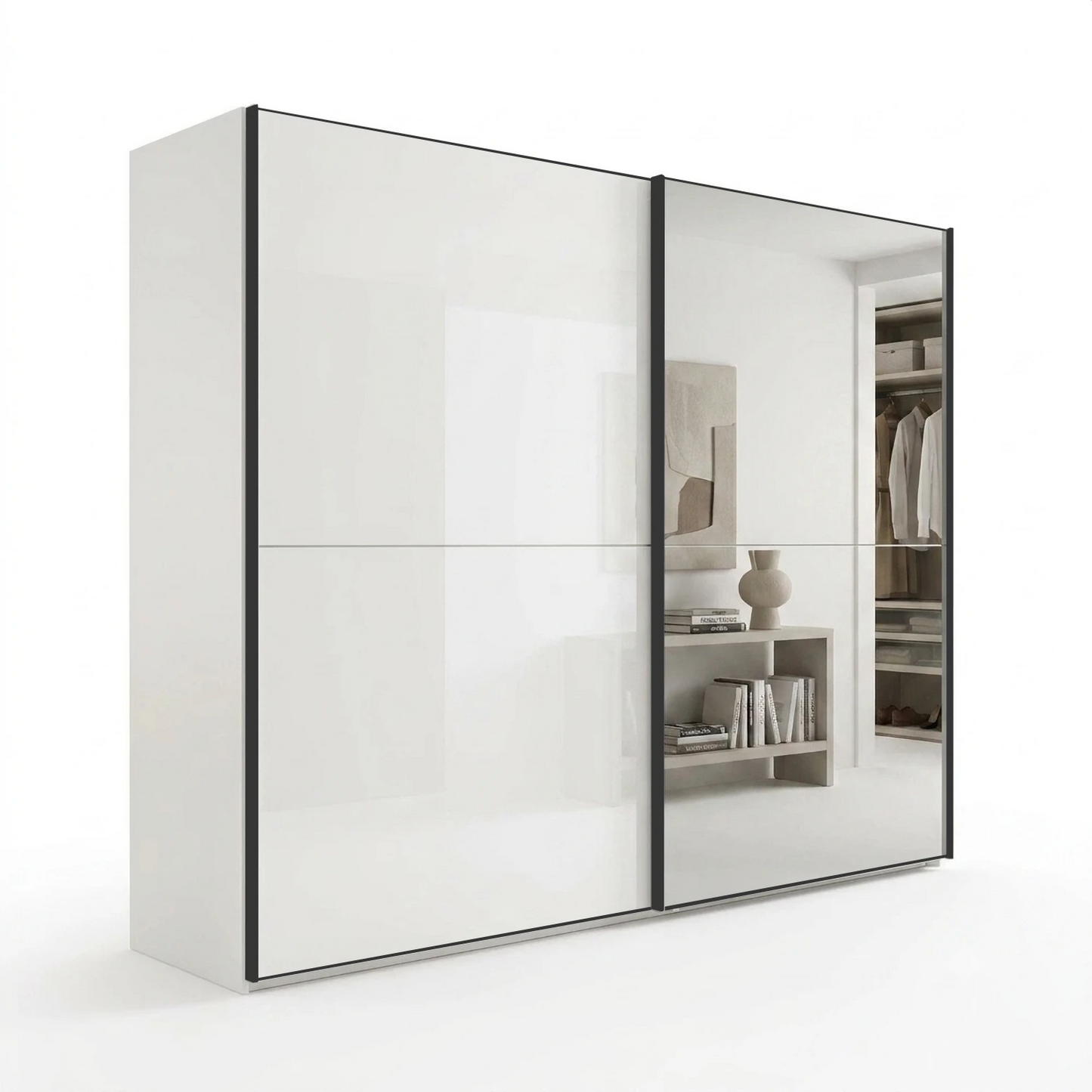 Wiemann Bristol Berlin White Glass Sliding Door Wardrobe with Mirror and Slate Handles in 150cm, 200cm, 250cm and 300cm widths.