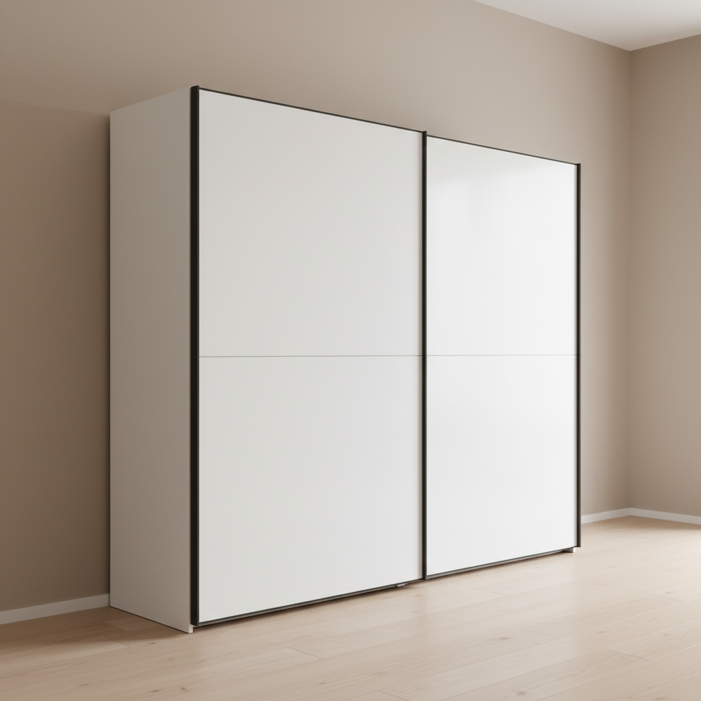 Wiemann Bristol Berlin White Glass Sliding Door Wardrobe with Slate Handles in 150cm, 200cm, 250cm and 300cm widths.
