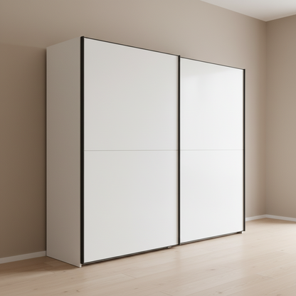 Wiemann Bristol Berlin White Glass Sliding Door Wardrobe with Slate Handles in 150cm, 200cm, 250cm and 300cm widths.