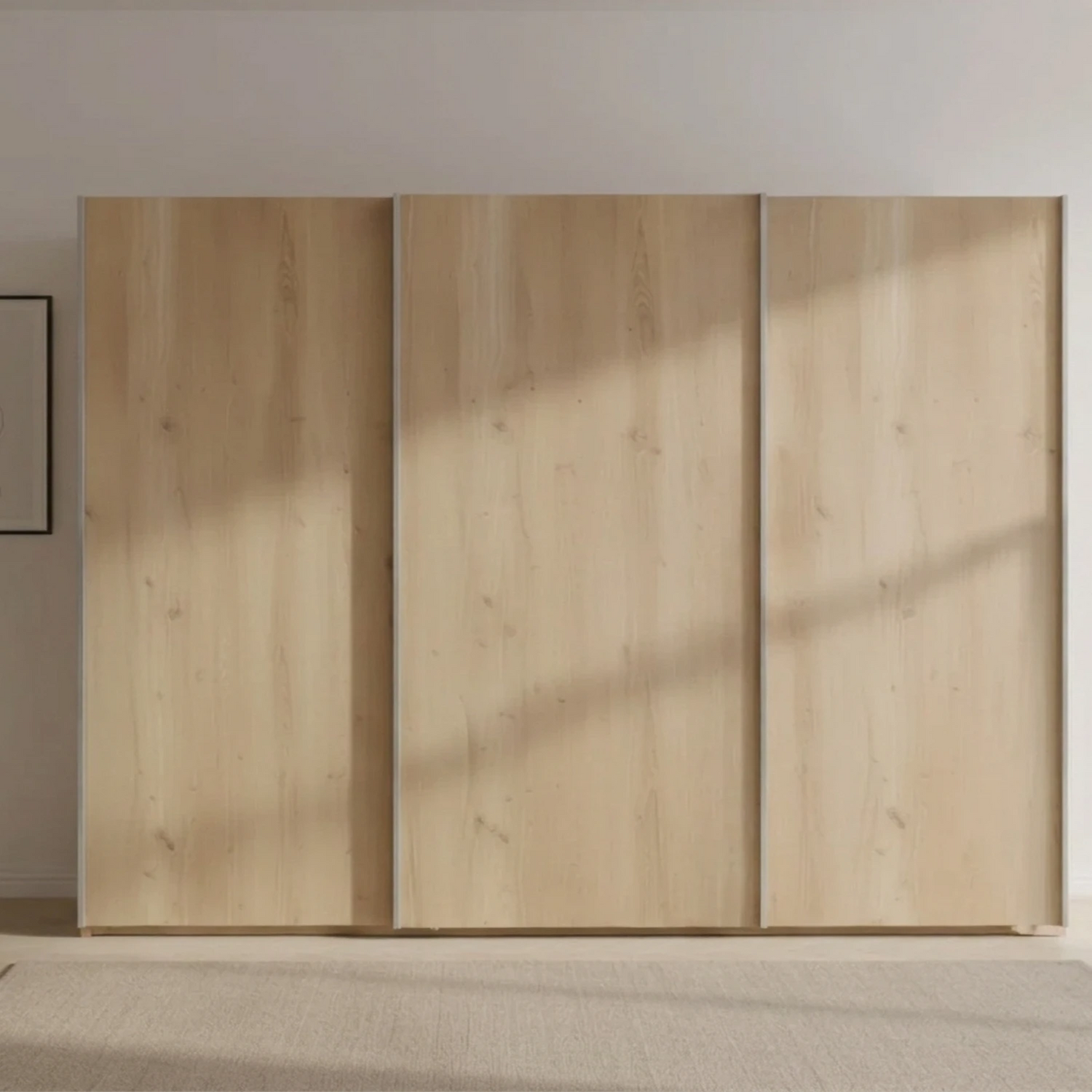 Bianco Oak Wooden wardrobe with sliding doors in a minimalistic room.