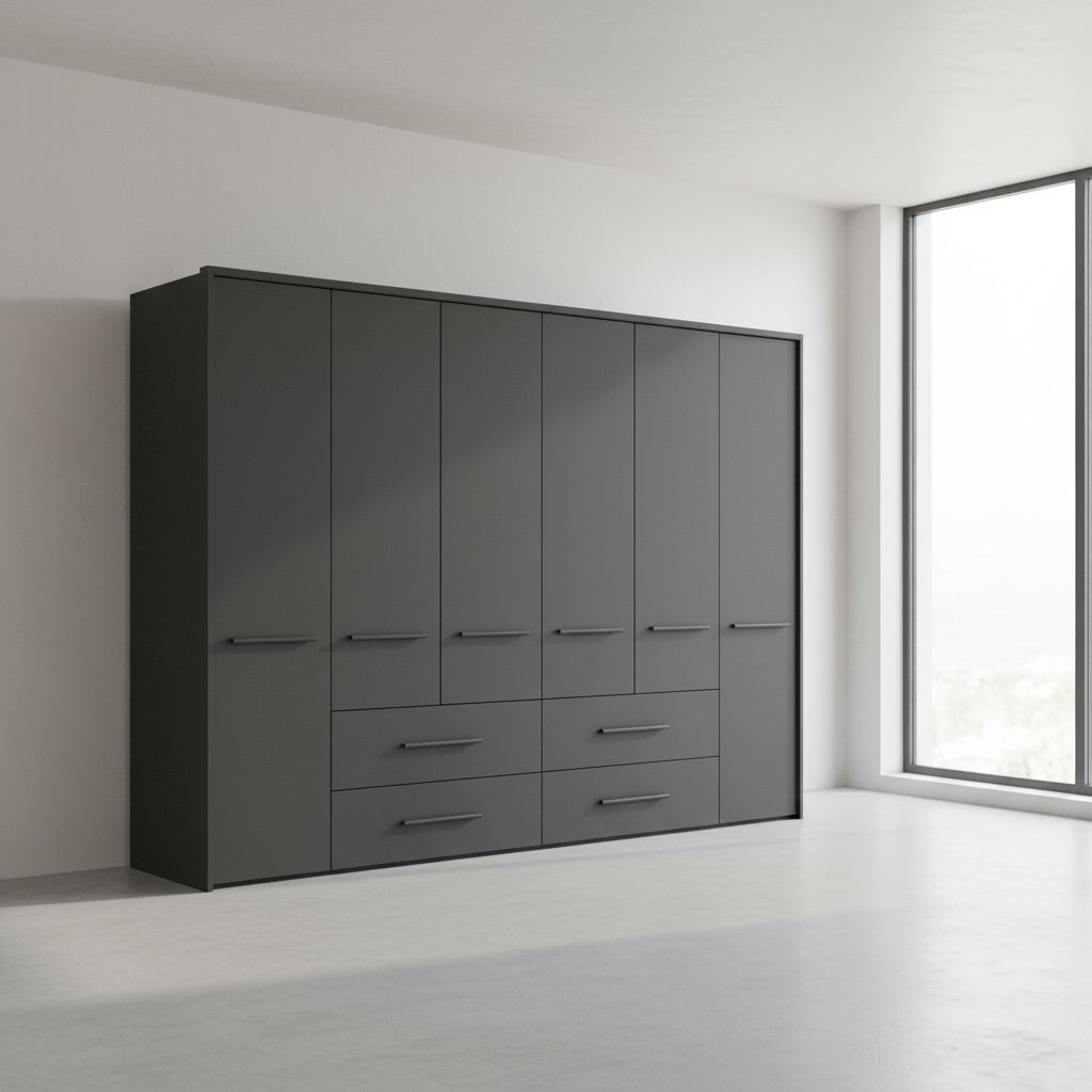 Large Wiemann Cairns Graphite 6 Door Hinged Wardrobe With Four Drawers and Mirrors   Width 306 Height 220cm 
