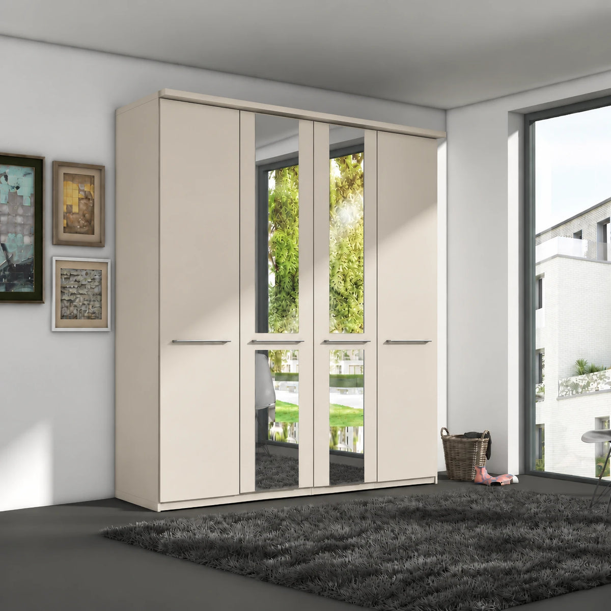 German-made Wiemann Cairns 4 door wardrobe, 200cm, in white, pebble grey, champagne, graphite or sage green. Cornice included. Free delivery.