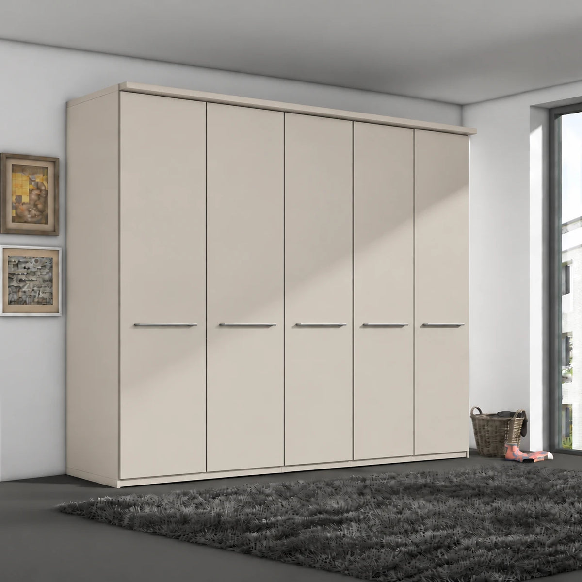 German-made Wiemann Cairns 5 door wardrobe, 250cm, in white, pebble grey, champagne, graphite or sage green. Cornice included. Free delivery.