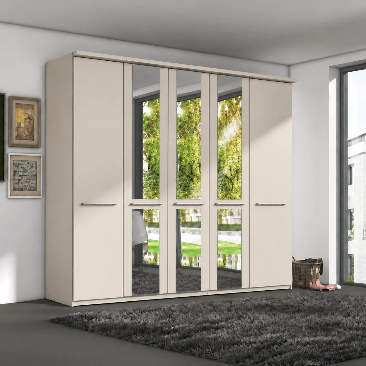 Wiemann Cairns  Champagne five door hinged wardrobe with three Mirror doors and cornice shown 