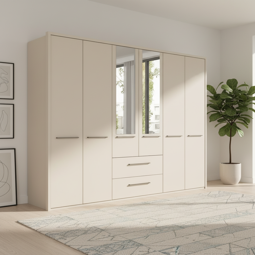 Wiemann Kairns 6 Door Large wardrobe with Mirror on the centre Door and 2 Drawers underneath in Champagne Colour Width 300cm
