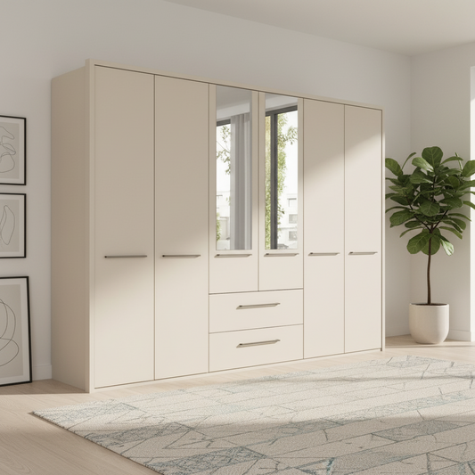 Wiemann Kairns 6 Door Large wardrobe with Mirror on the centre Door and 2 Drawers underneath in Champagne Colour Width 300cm